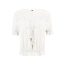 Sweet Women Lace Patchwork Frilled Short-sleeve Tassel Lace-up Cropped Blouse