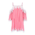 Sweet Women Loose Cotton Bright Pink Color Off-shoulder Half Sleeves Lace Casual Dress