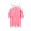 Sweet Women Loose Cotton Bright Pink Color Off-shoulder Half Sleeves Lace Casual Dress