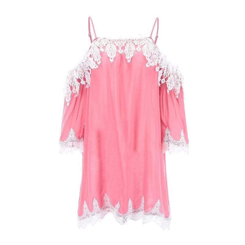Sweet Women Loose Cotton Bright Pink Color Off-shoulder Half Sleeves Lace Casual Dress
