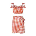 Sweet Women Pink Plaid Design Flouncing Crop Top Irregular Skirt Set