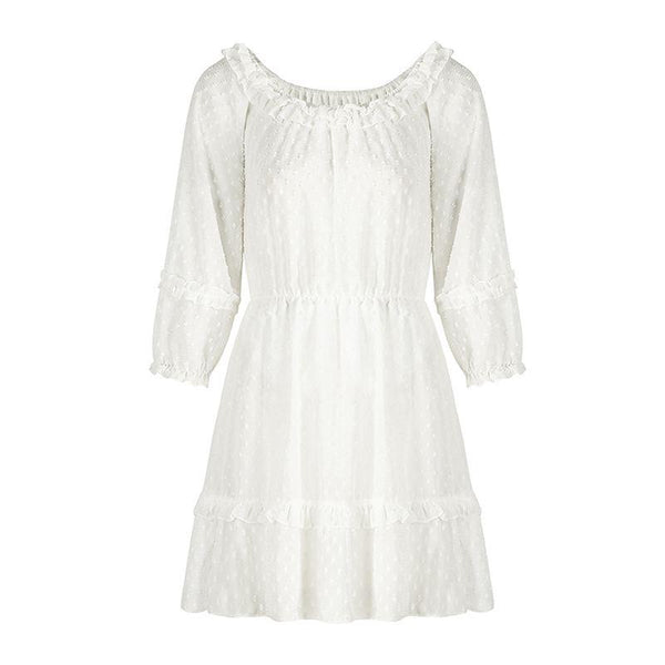 Sweet Women Solid Color Sexy One-shoulder Long Sleeves Flouncing Dress