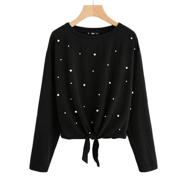Sweet Young Women Black Color Slimming Pattern Casual T-shirt