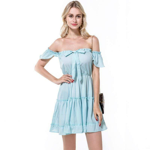 TIY Clothing Sweet Young Women Off-shoulder Bowknot Decorated Short Sleeves Patchwork Dress TIY