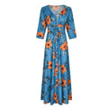 Three-quarter Sleeve V Neck Flower Print Single-breasted Maxi Dress