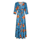 Three-quarter Sleeve V Neck Flower Print Single-breasted Maxi Dress