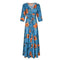 Three-quarter Sleeve V Neck Flower Print Single-breasted Maxi Dress