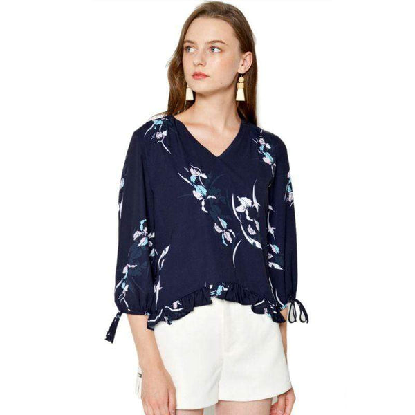 Three-quarter Sleeve Women V Neck Floral Blouse