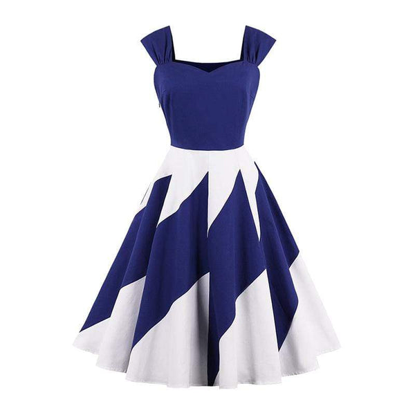 Trendy Elegant Wide Shoulder Girdle Sling High Waist Blue White Wave Pattern Women Dress