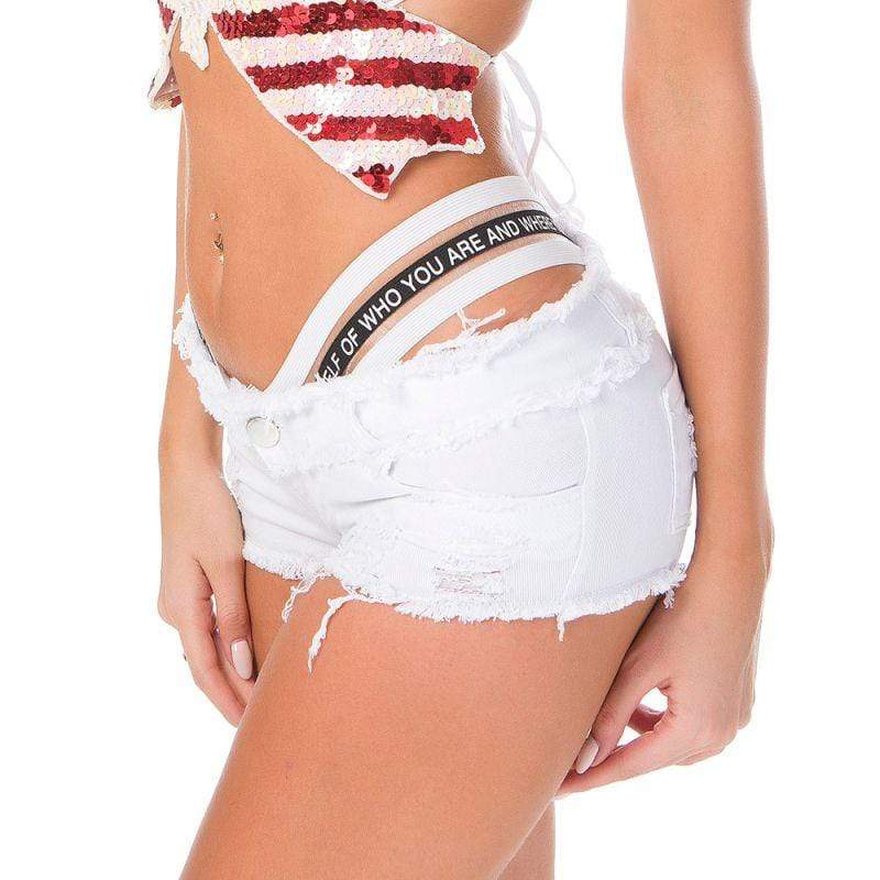 Trendy Hollow Tape Letters Design Low-waisted Raw Hem Ripped Denim Shorts