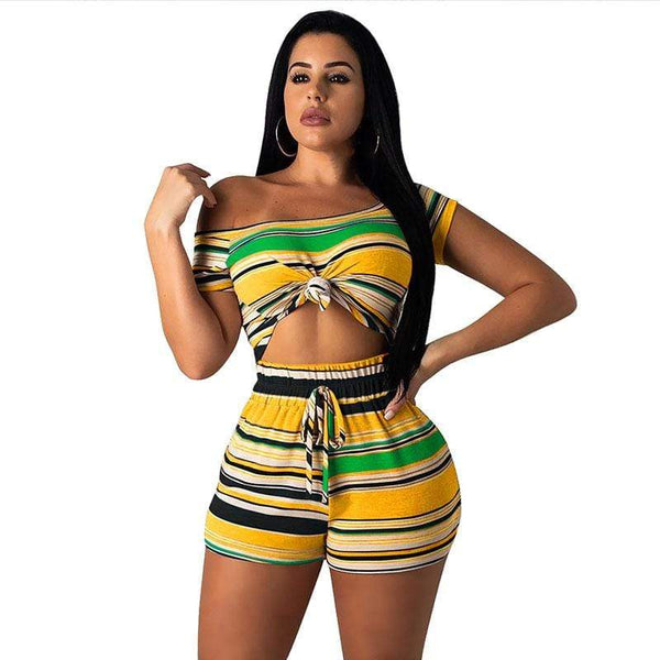 Two-piece Set Multicolor Stripes Print Off-shoulder Short-sleeve Casual Shorts Set