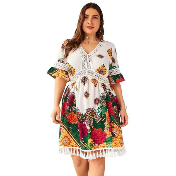 Unique Blocking Color Flower Printed Women Casual Short-sleeve Boho Plus Size Dress