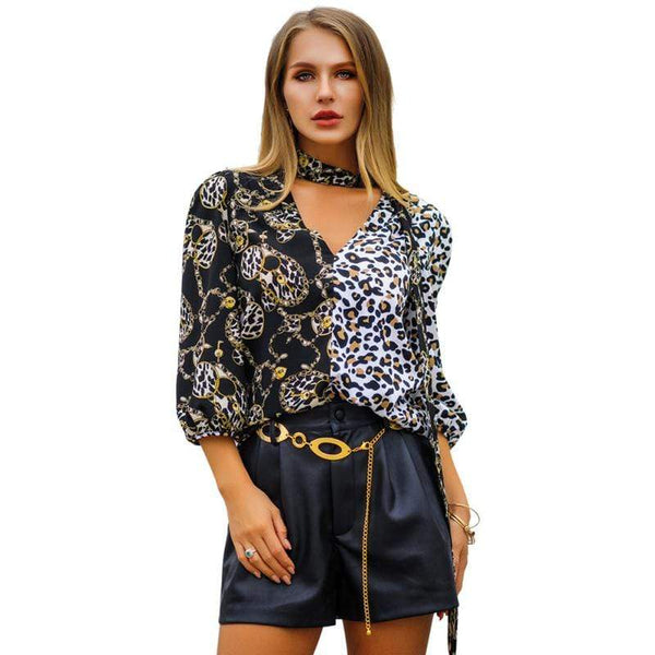 Unique Chiffon Asymmetric Patchwork Design V Neck Blouse