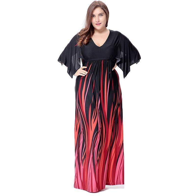 Unique Color Blocking Design Elegant Women Low Hemline Fluttering Sleeves Party Dress
