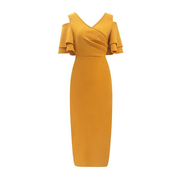 Unique Cool Shoulder Design Solid Color V Neck Flouncing Sleeves Dress