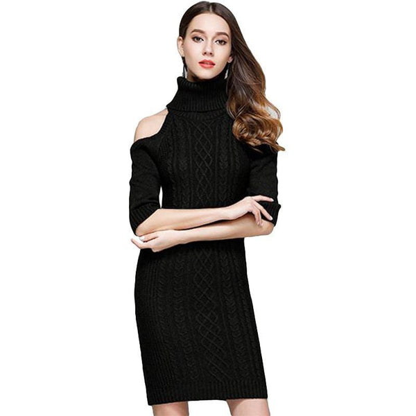 Unique Cool Shoulder Design Women Turtle Collar Sweater Tight Dress