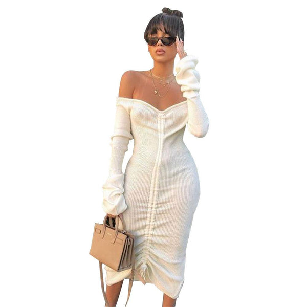 TIY Clothing Unique Drawstring Design Solid Color Off-shoulder Long-sleeve Dress TIY