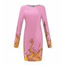 Unique Fire Print Women Long Sleeves Round Neck Tight Dress