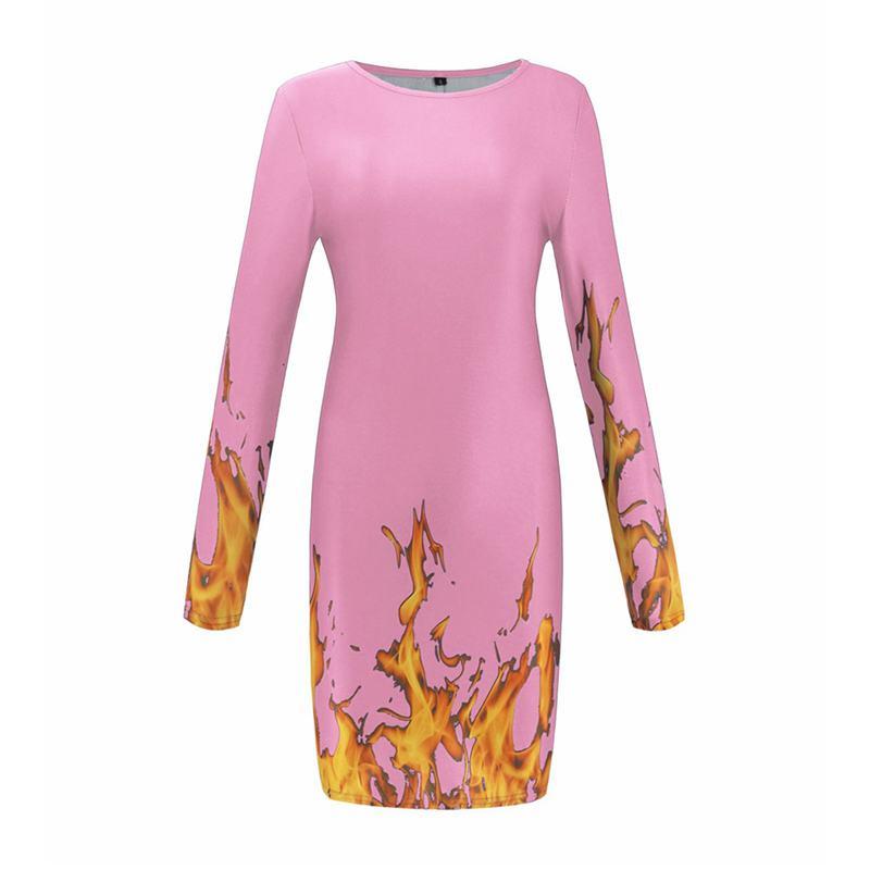 Unique Fire Print Women Long Sleeves Round Neck Tight Dress