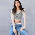 Unique Fishnet Design Solid Color Long-sleeve Women Crop Top