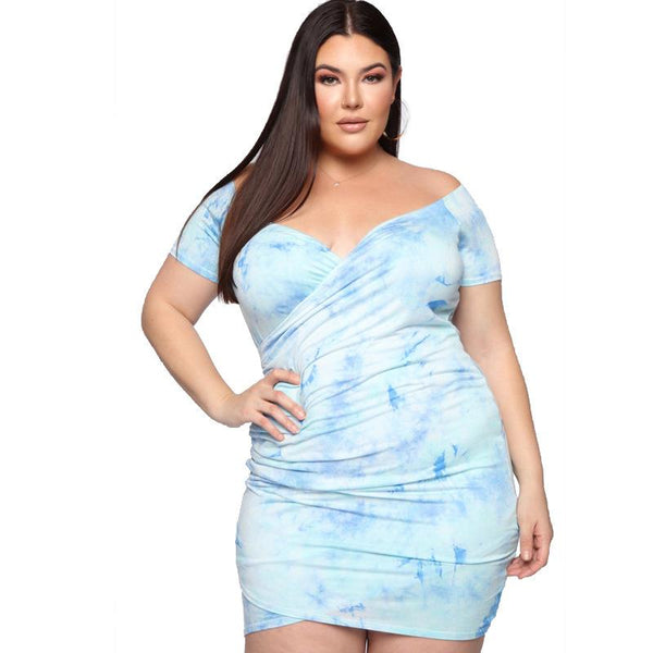 TIY Clothing Unique Hemline Overlap Design Women V Neck Short-sleeve Tie-dye Bodycon Dress TIY