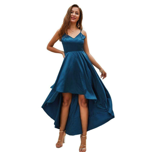 TIY Clothing Unique High-low Hemline Design Women Solid Color Defined Waist Slip Dress TIY