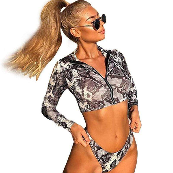 Unique Low Cut Deep V Neck Zipper Design Women Snake Print Flare Sleeves Crop Top