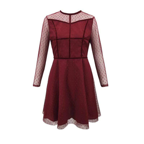 Unique Mesh Patchwork Long-sleeve Polka Dot Pattern Swing Dress