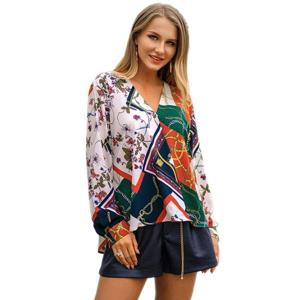 Unique Multicolor Design Women V Neck Long Sleeves Blouse
