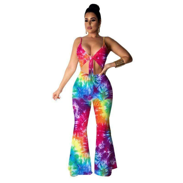 Unique Multicolor Tie-dye Design Women Cropped Strappy Top Flare Pants Set