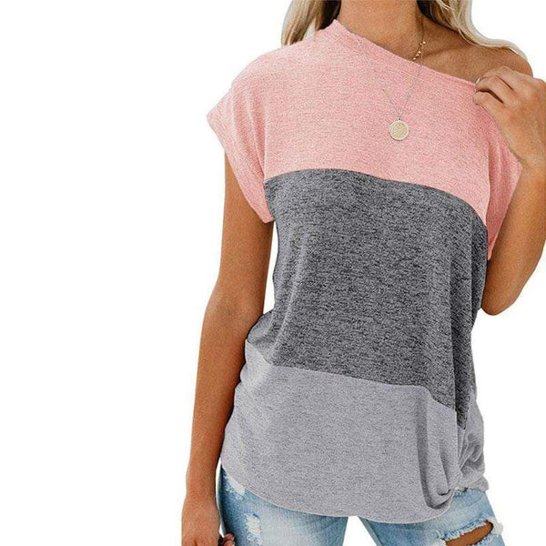 Unique Oblique Collar Short-sleeve Color Blocking Loose T-shirt
