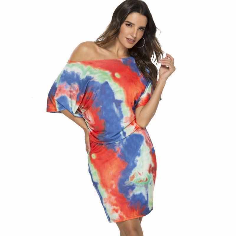 Unique Oblique Shoulder Tie Dye Design Women Casual Dress