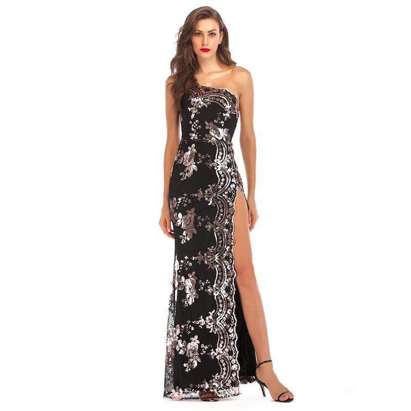 Unique One-shoulder Design Women Elegant Sequin Side-slit Maxi Evening Dress