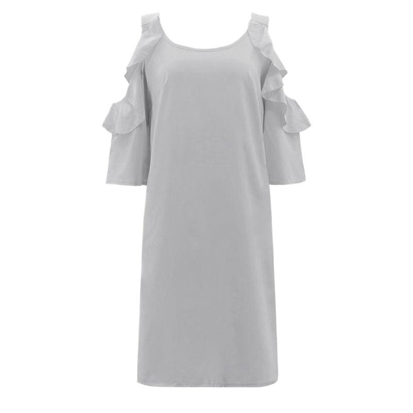 Unique Plain Color Ruffled Cool-shoulder Casual Loose Dress