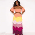 Unique Rainbow Color Design Women Off-shoulder Cropped Top Maxi Skirt Set