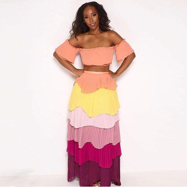 Unique Rainbow Color Design Women Off-shoulder Cropped Top Maxi Skirt Set