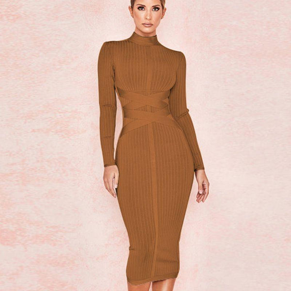 Unique Rib-knit Plain Pattern Long-sleeve Turtle Neck Cross Design Bodycon Dress