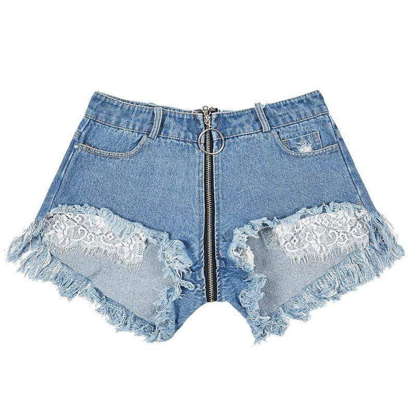 Unique Round Metal Zipper Design Irregular Raw Hem Lace Patchwork Denim Shorts