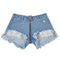 Unique Round Metal Zipper Design Irregular Raw Hem Lace Patchwork Denim Shorts