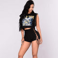 Unique Side Crossed Lace-up Design Women Solid Color Denim Shorts