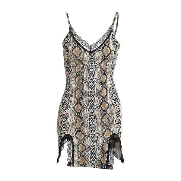 Unique Snake Skin Print Sexy Lady Nightclub Lace Patchwork Side Slit Dress