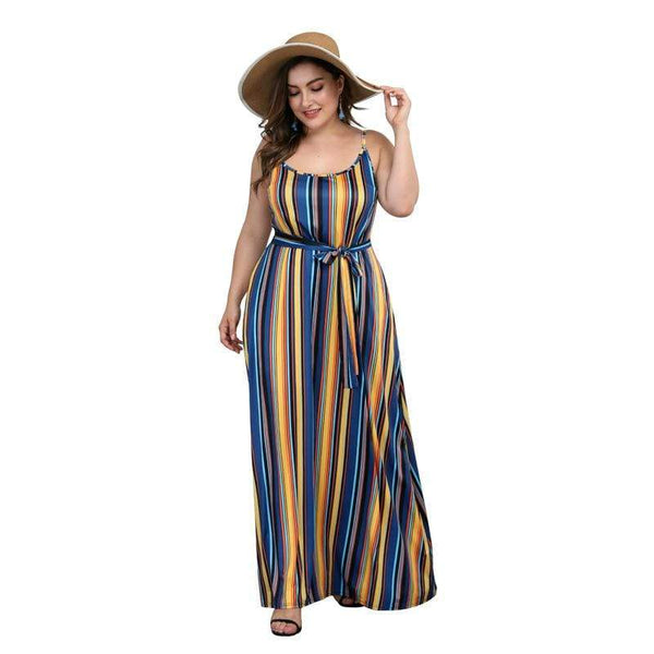 Unique Stripe Print Lace-up Slip Maxi Dress