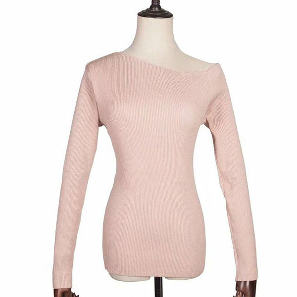 TIY Clothing Unique Women Oblique Shoulder Long-sleeve Solid Color Knitwear TIY
