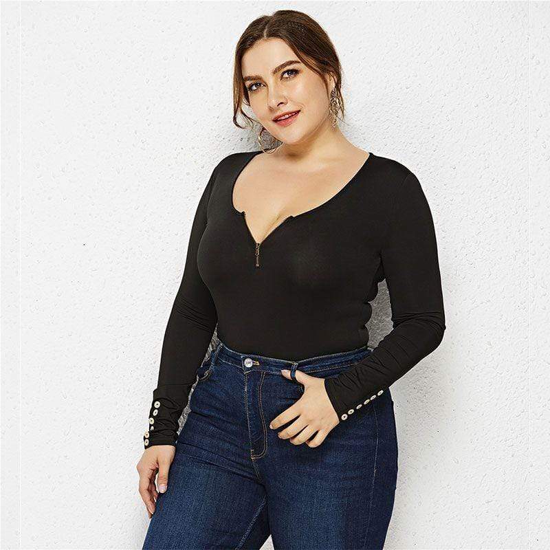 Unique Zipper Design Round Neck Long-sleeve Plus-size Bodysuits