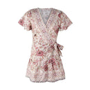 V Neck Casual Style Large Hemline Short-sleeve Floral Dress