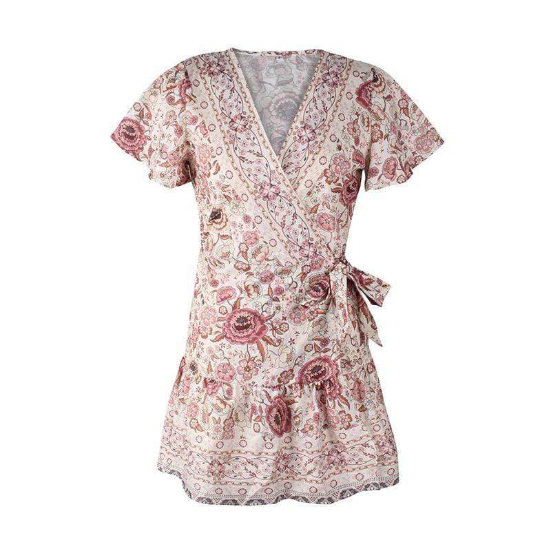 V Neck Casual Style Large Hemline Short-sleeve Floral Dress