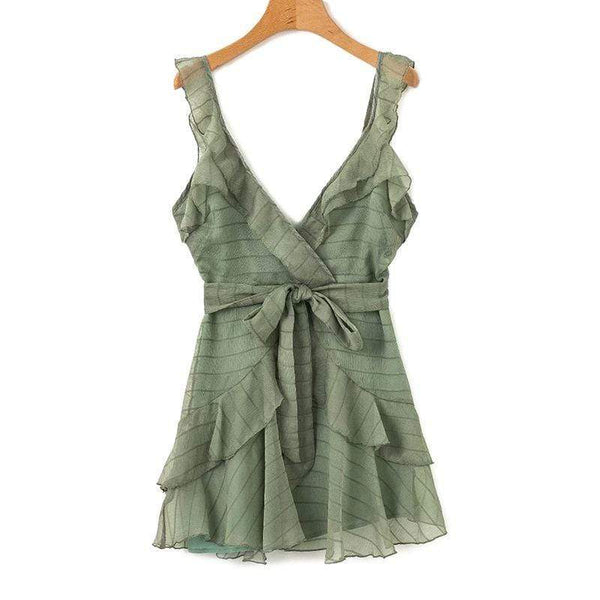 V Neck Sleeveless Ruffle Design Women Summer Mini Dress