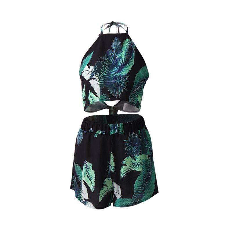 Vacation Leaf Print Backless Halter Neck Casual Shorts Two-piece Set
