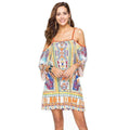 Vacation Style Cool-shoulder Half-sleeve Multicolor Geometric Print Slip Dress