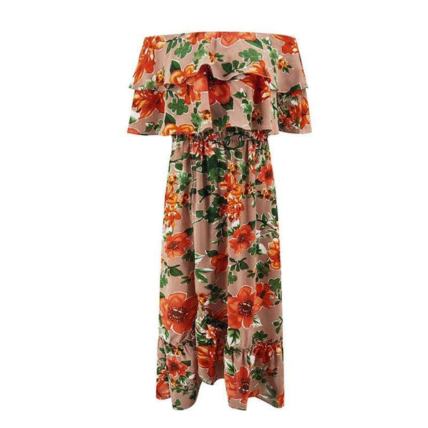 Vacation Style Floral Printed Off-shoulder Design Ruffled Midi Dress